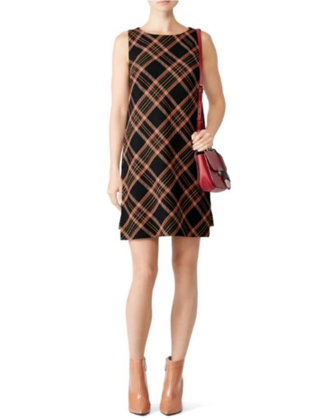 Trina Turk Brynne Black and Tan Plaid A Line Dress